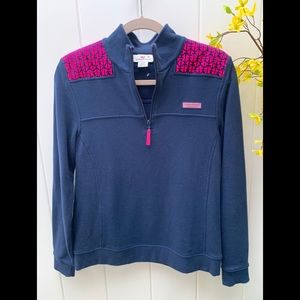 Vineyard Vines Women's Navy Fleece Pullover with Pink Shoulder Accents